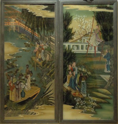 PAIR CHINESE REVERSE PAINTED PLAQUES: PAIR CHINESE REVERSE PAINTED PLAQUES one is a Court Yard Scene one is a Lake Scene Each Measures Approximately 36 Inches Tall 16 Inches Wide Plus Frame,WE WILL NOT SHIP THIS LOT, CAN REFER LOCAL SHIPP