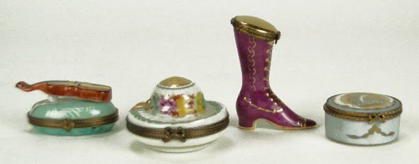 FOUR LIMOGES HAND PAINTED PORCELAIN PILL BOXES: FOUR LIMOGES HAND PAINTED PORCELAIN PILL BOXES One a Boot one a Bonnet one a Fiddle and one a decorated Box Tallest Measures Approximately 3 Inches, SHIPPING $25 PLUS INS