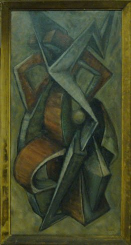 PAUL KELPE OIL ON BOARD CUBIST: PAUL KELPE OIL ON BOARD CUBIST Signed & Dated 1939 American Artist 1902-1985 Architectural constructionism Measures Approx 30 Inches Tall 14-1/2 Wide Plus Frame, WE WILL NOT SHIP THIS LOT, CAN REFER L