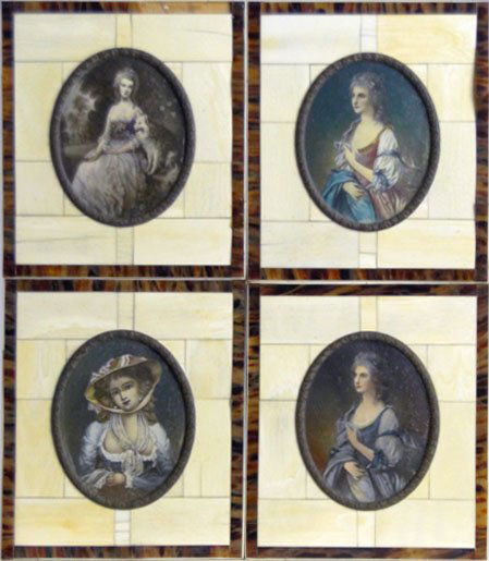 COLLECTION FOUR IVORY MINIATURES: COLLECTION FOUR IVORY MINIATURES Images of Beautiful Victorian Women Mounted in an Ivory & tourtous Shell Frame Each Measures Approximately 3-1/2 Inches Tall Frame Measures 6 Inches Tall 5 Inches wide