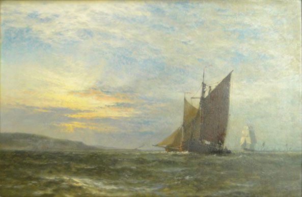 HENRY THOMAS DAWSON OIL ON CANVAS 1873 SEASCAPE: HENRY THOMAS DAWSON OIL ON CANVAS 1873 SEASCAPE Henry Thomas Dawson Sr. British (1811-1878) Oil on Canvas "Seascape with Ship" Signed Lower Right and Dated 1873. Very Good Condition. Measures 16 Inche
