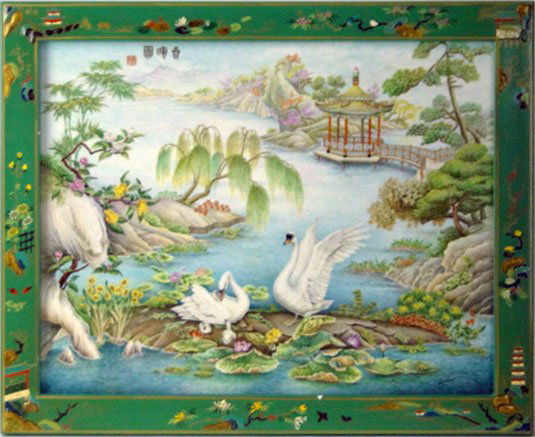 RARE BOEHM ORIENTALIST PORCELAIN PLAQUE: RARE BOEHM ORIENTALIST PORCELAIN PLAQUE Edward marshall Boehm signed by the Chinese Artist, Limited Titled the Glories of Spring..Measures 11 x 14 plus frame and depicts swans and a pagoda. Like new c