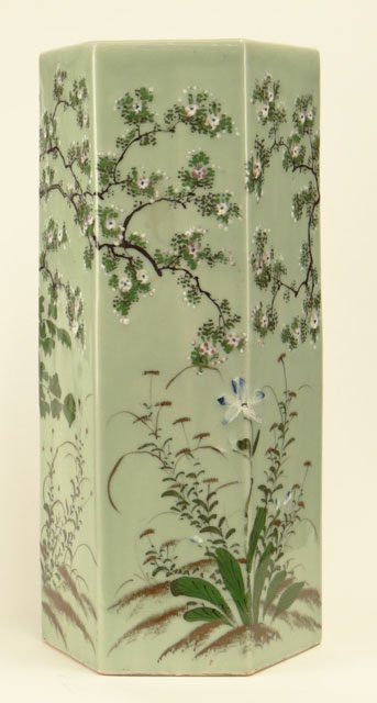 20C CHINESE ENAMEL CELEDON PORCELAIN UMBRELLA STAND: 20C CHINESE ENAMEL CELEDON PORCELAIN UMBRELLA STAND Early 20th Century Chinese Enamel Decorated and Painted Celadon Glaze Porcelain Hexagonal Umbrella Stand. Unsigned. Good to Very Good Condition. Mea