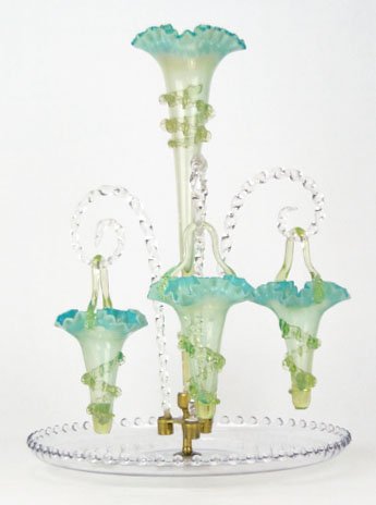 WONDERFUL VICTORIAN HAND BLOWN EPERGNE: WONDERFUL VICTORIAN HAND BLOWN EPERGNE with Three Seven (7) Inch Hanging Baskets in a Green Vaseline To Green/Blue Opalescent Coloring. Also Has a Large Screwable 14-1/2 Inch Matching Center Vase. Bas