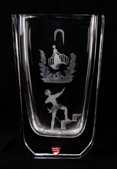 LOVELY ETCHED ORREFORS ROMEO & JULIET VASE: LOVELY ETCHED ORREFORS ROMEO & JULIET VASE with Etching of Romeo Shouting up to the Balcony to Juliet Measures Approximately 8 Inches Tall Signed to Base and Labled, SHIPPING $35 PLUS INS