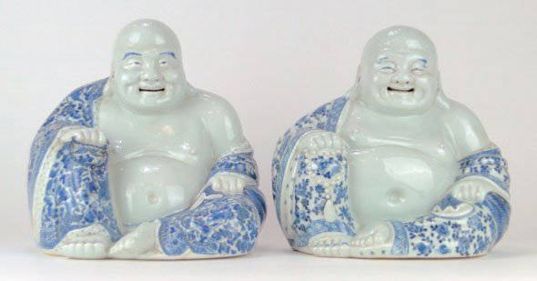 PR ANTIQUE CHINESE PORCELAIN SEATED BUDDHAS: PR ANTIQUE CHINESE PORCELAIN SEATED BUDDHAS Blue with White Ground Early 20th Century Stamped To Base Measures Approximately 10 INChes Tall, WE WILL NOT SHIP THIS LOT, CAN REFER LOCAL SHIPPER