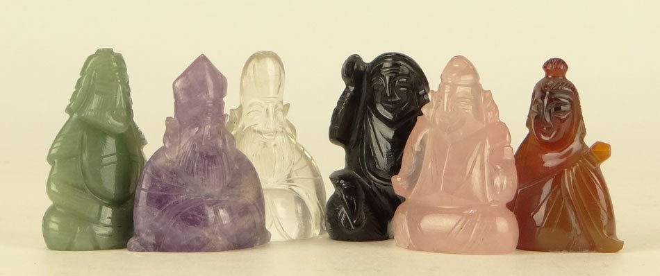 6 CARVED GEMSTONE CHINESE IMMORTALS: 6 CARVED GEMSTONE CHINESE IMMORTALS First is Carved of Rock Crystal, Carnelian, Rose Quartz, Amethyst, Jade & Onyx, SHIPPING $25 PLUS INS