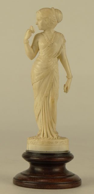 ANTIQUE CARVED IVORY THAI LADY: ANTIQUE CARVED IVORY THAI LADY Circa 1900's Beautifully Carved with Fabulous Details on Dress & Jewelry Measures Approximately 5 Inches Tall with 1 Inch Wooden Base, SHIPPING U.S. ONLY $25 PLUS INS