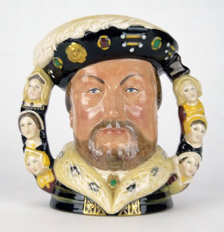 ROYAL DOULTON PORCELAIN FIGURINE KING HENRY & WIVES: ROYAL DOULTON PORCELAIN FIGURINE KING HENRY & WIVES 500th Anniversary Double Handle with all the Wives on the Handles 500th Anniversary of His Birth Ltd Ed of 320/1991, SHIPPING $35 PLUS INS
