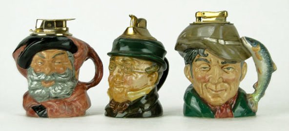 3 VINTAGE ROYAL DOULTON PORCELAIN CIGARETTE LIGHTER: 3 VINTAGE ROYAL DOULTON PORCELAIN CIGARETTE LIGHTERS to Include Falstaff, The Poacher, and Mr. Pickwick Each Measures Approximately 4 Inches Tall, SHIPPING $25 PLUS INS