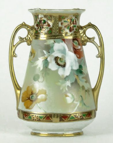 ANTIQUE HAND PAINTED NIPPON VASE: ANTIQUE HAND PAINTED NIPPON VASE Floral Design Green Wreath Mark to Base Measures Approximately 9 Inches Tall, SHIPPING $35 PLUS INS