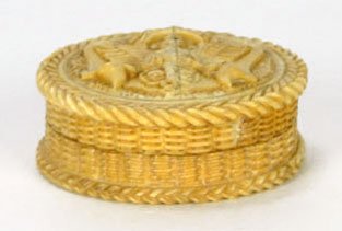 VINTAGE CARVED IVORY/BONE COVERED COMPASS: VINTAGE CARVED IVORY/BONE COVERED COMPASS Box Measures 2-1/2 Inches in Diameter Bamboo Carved Style Ivory with Gryphon Motif Compass in Working Condition 20th Century, SHIPPING $20 PLUS INS