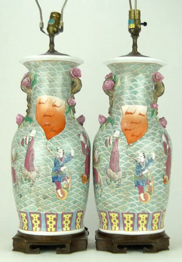 PAIR CHINESE PORCELAIN VASES: PAIR CHINESE PORCELAIN VASES People are Playing Music & Dancing. Colorfully Hand Painted. Pair Chinese Porcelain Vases Converted to Lamps with Wood Base. With Applied Rose Handles Measures Approximate
