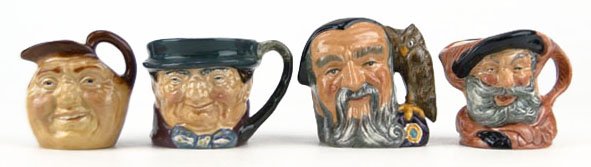 FOUR SMALL VINTAGE ROYAL DOULTON TOBY MUGS: FOUR SMALL VINTAGE ROYAL DOULTON TOBY MUGS TO INCLUDE "Merlin" Measures Approximately 2 3/4 Inches Tall, "Tony Weller" Measures Approximately 2 1/4 Inches Tall, "John Ballycorn Old Lad" Measures 2 1/4