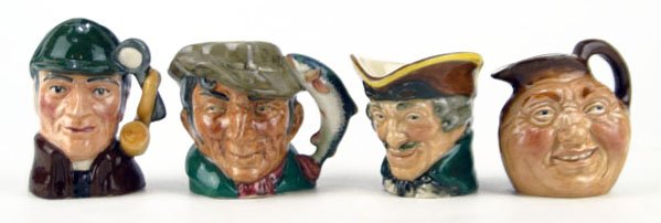FOUR SMALL VINTAGE ROYAL DOULTON TOBY MUGS: FOUR SMALL VINTAGE ROYAL DOULTON TOBY MUGS TO INCLUDE "The Sleuth" Measures Approximately 3 Inches Tall, "Dic Turpin" Measures Approximately 3 Inches Tall, "The Poacher" Measures Approximately 2 1/2 I