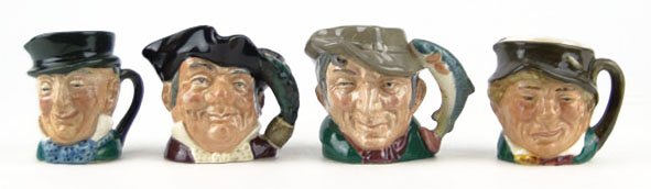 FOUR SMALL VINTAGE ROYAL DOULTON TOBY MUGS: FOUR SMALL VINTAGE ROYAL DOULTON TOBY MUGS TO INCLUDE "Mr. Micruber" Measures Approximately 2 3/8 Inches Tall, "The Poacher" Measures Approximately 2 1/2 Inches Tall, "Kaddy" Measures Approximately 2 