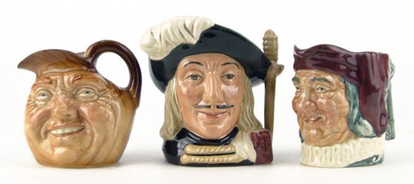 THREE SMALL VINTAGE ROYAL DOULTON TOBY MUGS: THREE SMALL VINTAGE ROYAL DOULTON TOBY MUGS TO INCLUDE "Simon Gellarer" Measures Approximately 3 3/4 Inches Tall, "Aramis" Measures Approximately 4 Inches Tall, & "John Barleycorn Old Lad" Measures Ap