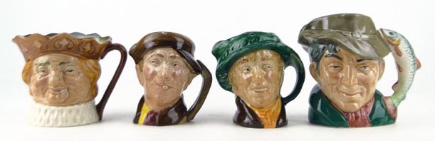 FOUR SMALL VINTAGE ROYAL DOULTON TOBY MUGS: FOUR SMALL VINTAGE ROYAL DOULTON TOBY MUGS TO INCLUDE 'The Poacher" Measures Approximately 4 Inches Tall, "Old King Cole" Measures Approximately 3 3/4 Inches Tall, "Arnie" Measures Approximately 3 1/2
