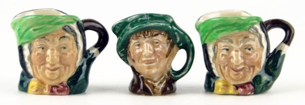 THREE THIMBLE SIZE VINTAGE ROYAL DOULTON TOBY MUGS: THREE THIMBLE SIZE VINTAGE ROYAL DOULTON TOBY MUGS TO INCLUDE Assorted Characters Measuring Approximately 1 1/4 Inches Tall WE WILL SHIP THIS ITEM FOR $25 PLUS INSURANCE