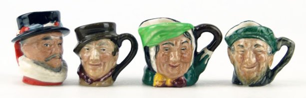 FOUR THIMBLE SIZE VINTAGE ROYAL DOULTON TOBY MUGS: FOUR THIMBLE SIZE VINTAGE ROYAL DOULTON TOBY MUGS TO INCLUDE Assorted Characters Measuring Approximately 1 1/4 Inches Tall WE WILL SHIP THIS ITEM FOR $25 PLUS INSURANCE