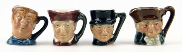 FOUR THIMBLE SIZE VINTAGE ROYAL DOULTON TOBY MUGS: FOUR THIMBLE SIZE VINTAGE ROYAL DOULTON TOBY MUGS TO INCLUDE Assorted Characters Measuring Approximately 1 1/4 Inches Tall WE WILL SHIP THIS ITEM FOR $25 PLUS INSURANCE