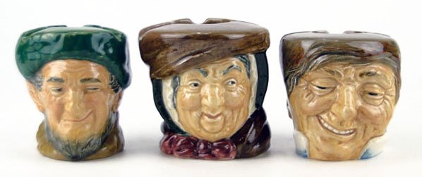 THREE VINTAGE ROYAL DOULTON ASHTRAYS: THREE VINTAGE ROYAL DOULTON ASHTRAYS TO INCLUDE "Sairey Gamp", "Farmer John", & "Auld Mac" Measure Approximately 3 1/2 Inches Tall WE WILL SHIP THIS ITEM FOR $25 PLUS INSURANCE