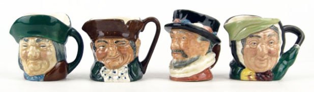 FOUR SMALL VINTAGE ROYAL DOULTON TOBY MUGS: FOUR SMALL VINTAGE ROYAL DOULTON TOBY MUGS TO INCLUDE "Old Charley" Measures Approximately 2 1/8 Inches Tall, "Beef Eater" Measures Approximately 2 1/2 Inches Tall, "Sairley Gamp" Measures Approximate
