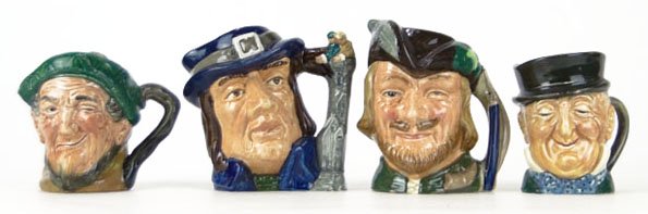 FOUR SMALL ROYAL DOULTON TOBY MUGS: FOUR SMALL ROYAL DOULTON TOBY MUGS TO INCLUDE "Robin Hood" Measures Approximately 4 Inches Tall, "Old Mac" Bang Went Saxpence Measures Approximately 3 1/2 Inches Tall, "Mr. Micauber" Measures Approxim