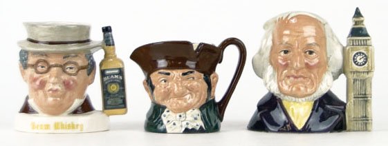 THREE SMALL ROYAL DOULTON TOBY MUGS: THREE SMALL ROYAL DOULTON TOBY MUGS TO INCLUDE "Mr. Pickwick" Measures Approximately 3 3/4 Inches Tall, "Old Charley" Measures Approximately 3 3/4 Inches Tall, & "John Doulton" Measures Approximately 