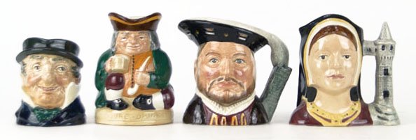 FOUR SMALL ROYAL DOULTON TOBY MUGS: FOUR SMALL ROYAL DOULTON TOBY MUGS TO INCLUDE "King Henry the VII" Measures Approximately 4 Inches Tall, "Honest Measure" Measures Approximately 4 Inches Tall, "Kahn Cattle" Measures Approximately 3 3
