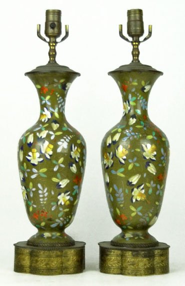 PAIR RARE ANTIQUE CHINESE CLOISONNÉ LAMPS: PAIR RARE ANTIQUE CHINESE CLOISONNÉ LAMPS 19/20th Century Floral Motif Over Olive Green Ground Measures Approximately 20 Inches Top of Socket Vase Insert is 13-1/4 Inches Very Good Condition WE WILL 