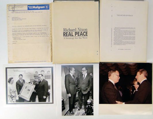 RICHARD NIXON BOOK PROOF TITLED "REAL PEACE": RICHARD NIXON BOOK PROOF TITLED "REAL PEACE" with Correspondence Between Nicholas Ruwe - Chief of Staff, and James Whelan - Editor in Chief of the Washington Times Along with Three Photos of James Whe