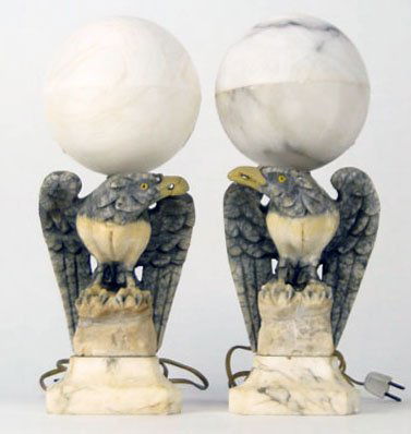 UNUSUAL PAIR OF HAND CARVED ALABASTER EAGLE LAMPS: UNUSUAL PAIR OF HAND CARVED ALABASTER EAGLE LAMPS with Original Alabaster Globe Lamps. Has Glass Eyes. Small Repair on One Eagles Beak. Each Measures Approximately 14 1/2 Inches Tall WE WILL NOT SHIP