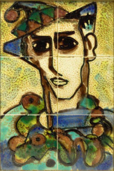 ORIGINAL HARIS STRONG MULTI TILED PICASSO STYLE AB: ORIGINAL HARIS STRONG MULTI TILED PICASSO STYLE ABSTRACT Measures Approximately 17 1/2 Inches Tall 11 1/2 Inches Wide Plus Frame. Depicting a Jester, Hand Painted on Six Tiles. Circa Arts and Crafts P