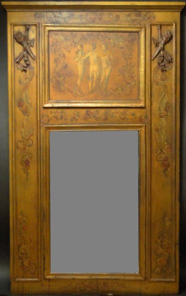 VICTORIAN HAND CARVED/PAINTED HALL MIRROR: VICTORIAN HAND CARVED/PAINTED HALL MIRROR Exquisitely Hand Painted and Carved Wall Mirror Depicting Three Women Dancing Naked with Angels Bearing Gifts. Measures Approximately 43 1/2 Inches Tall 25 1/