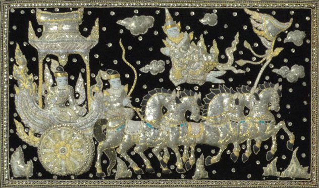 LARGE INDONESIAN BEJEWELED PUFF TAPESTRY: LARGE INDONESIAN BEJEWELED PUFF TAPESTRY Very Large Polynesian Three Dimensional Puff Tapestry Depicting a Prince being pulled in a Horse Drawn Carriage with Guard Floating Above. Measures Approximate