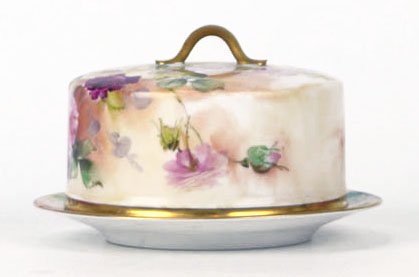 ANTIQUE LIMOGES HAND PAINTED COVERED BUTTER: ANTIQUE LIMOGES HAND PAINTED COVERED BUTTER Measures 6" in diameter, and 3 1/2" tall, fabulous floral hand painted design, one of the prettiest we have ever sold, excellent condition, early 20th centu