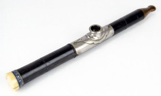 ANTIQUE CHINESE ELABORATE LARGE OPIUM PIPE: ANTIQUE CHINESE ELABORATE LARGE OPIUM PIPE Carved from Horn with Ivory Tip Cloisonné Ring, Chinese Pewter Holder with Original Spring. Chinese Chop Marks Inscribed to Horn. Dated 1850 WE WILL SHIP TH