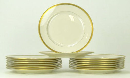 SET OF SIXTEEN ANTIQUE GREEN MARK LENOX WEDDING BAND DI: SET OF SIXTEEN ANTIQUE GREEN MARK LENOX WEDDING BAND DINNER PLATES Made For Fredrick Keers and Sons of Newark New Jersey, Circa 1920's. These 10 1/4 Gold Band Plates are in Excellent Condition. WE WIL