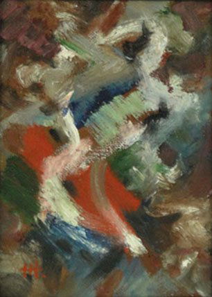 ABSTRACT OIL ON BOARD: ABSTRACT OIL ON BOARD ATTRIBUTED TO HANS HOFFMAN Measures Approximately 5 by 7 Plus Frame. By the Well Listed Abstract Expressionism Painter. 1880-1986. Signed H.H. Lower Left, Dedicated in Verso. WE