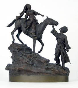 19TH CENTURY RUSSIAN BRONZE: 19TH CENTURY RUSSIAN BRONZE Cossack Leading Woman on Horseback on a Mountain Trail. Sign Illegibly to Base. Measures Approximately 10 Inches Tall by 9 Inches Wide. In Good Condition. Original