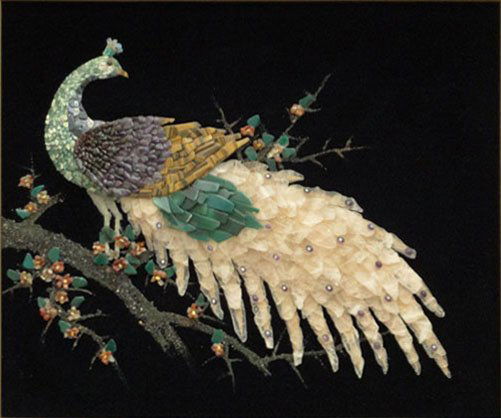 LARGE CHINESE HARD STONE SCULPTURE OF A PEACOCK: LARGE CHINESE HARD STONE SCULPTURE OF A PEACOCK In a Shadow Box Frame Measures Approximately 24 Inches Tall by 28 Inches Wide Plus Frame. Large Peacock Done in Relief Made out of Jade, Rose Quartz, Am