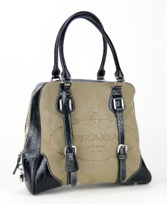 AUTHENTIC PRADA CANVAS AND LEATHER BAG: AUTHENTIC PRADA CANVAS AND LEATHER BAG Tan Canvas, and Leather Alligator Motif. Measures Approximately 11" Wide by 12" Tall. In Like New Condition. WE WILL SHIP THIS ITEM FOR $30 PLUS INSURANCE