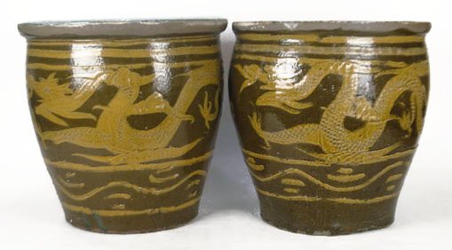 PAIR OF 19TH CENTURY CHINESE POTTERY FISH BOWLS: PAIR OF 19TH CENTURY CHINESE POTTERY FISH BOWLS With Hand Raised Dragon Motif, Has Robbin Egg Blue Center. Each Measures Approximately 17-1/4" Tall by 17-1/2" Wide. Has Few Small Chips but Otherwise G