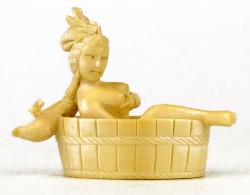 VINTAGE EROTIC IVORY CHINESE NETSUKE: VINTAGE EROTIC IVORY CHINESE NETSUKE Measures Approximately 2-1/2" Long. Depicting a Lady in the Tub WE WILL SHIP THIS ITEM FOR $20 PLUS INSURANCE, THIS ITEM WILL NOT SHIP OUTSIDE THE US