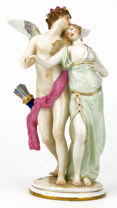 19th Century Meissen Romantic Porcelain Figural Group: 19th Century Meissen Romantic Porcelain Figural Group Depicting Draped Angel and Partially Nude Young Maiden "Cupid and Psyche". Signed Blue Under glaze Crossed Swords, Incised #145, Incised S169 and 