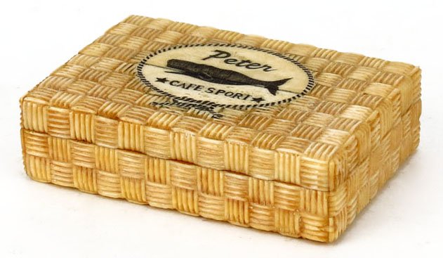 BONE/IVORY HINGED TRINKET BOX: BONE/IVORY HINGED TRINKET BOX Lovely Basket Weaved Box with Scrimshaw Whale for Peter Café Sport. Very Good Condition. Measures Approximately 3-3/4" WE SHIP THIS ITEM FOR $20 PLUS INSURANCE THIS ITEM