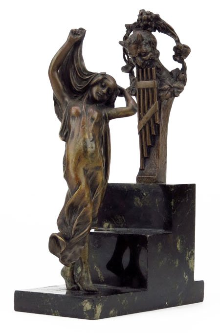 ANTIQUE CARL KAUBA BRONZE SCULPTURE: ANTIQUE CARL KAUBA BRONZE SCULPTURE Highly Regarded Artist Carl Kauba Bronze Depicting the Pan Serenading a Nymph. On Marble Base. Measures Approximately 8-1/2" Tall by 5-1/2" Wide. Signed in Two Plac