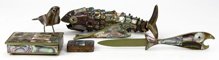 SIX PIECES OF MEXICAN MOTHER OF PEARL OBJECTS D'ART: SIX PIECES OF MEXICAN MOTHER OF PEARL OBJECTS D'ART To Include a Large 7" Fish, 3" Covered Box, 4" Fish Bottle Opener, 7" Fish Letter Opener, 3" Standing Bird, and 1-1/2" Sterling Pill Box WE WILL SHI