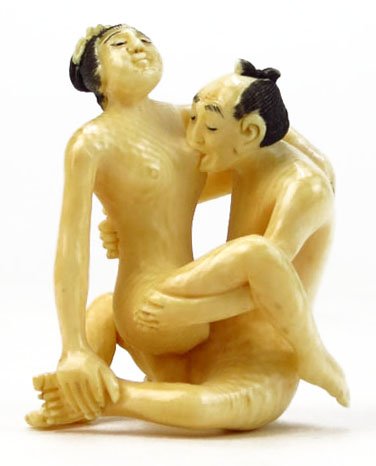 VINTAGE CHINESE EROTIC CARVED IVORY NETSUKE: VINTAGE CHINESE EROTIC COUPLE CARVED IVORY NETSUKE Measures Approximately 1-1/2" Long. Signed in Black to Base. WE WILL SHIP THIS ITEM FOR $20 PLUS INSURANCE. PLEASE NOTE THAT THIS ITEM WILL NOT BE SH